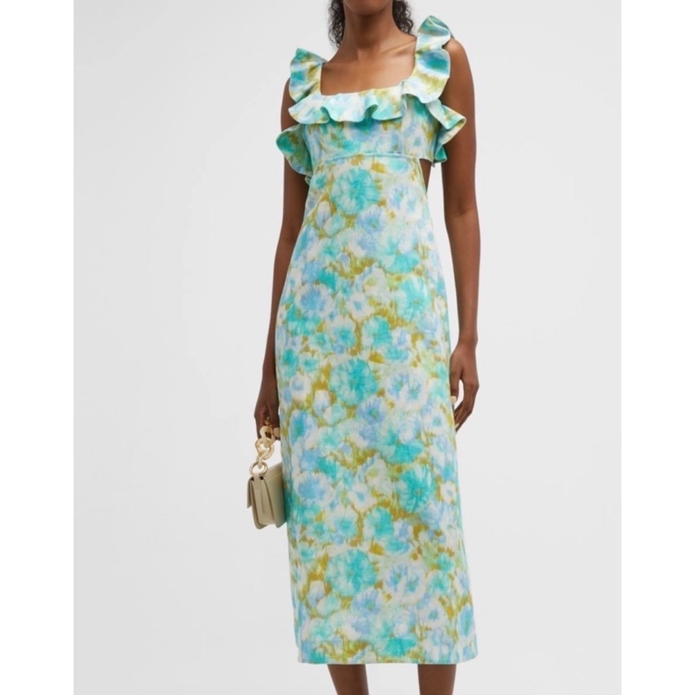 SOLD OUT Zimmermann Green and Blue Floral Ruffle Midi Dress Size 3 - Picture 3 of 13